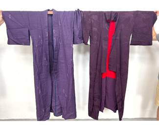 Lot 1709 Two Japanese silk kimonos including a purple kasuri tsumugi and a deep plum rinzu damask with momi l