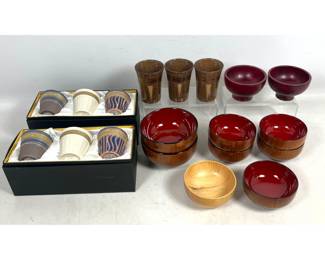 Lot 2038 22pc Group of Japanese Ceramic Cups and Turned Wood Bowls including Arita Gallery Boxed Sets