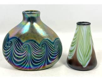 Lot 1904 2pc lot of studio art glass featuring a Stephen Fellerman iridescent wave motif bulbous vase and an