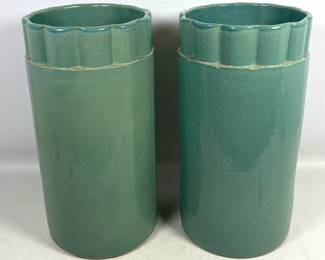 Lot 1774 Pr 21 Tall Mid Century Green Aqua Glazed Art Pottery Vases. Column Form with Decorative Fluted Rim.