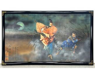 Lot 1779 Large Scale Oil Painting by DAVID GORE. Copy of 1883 Yoshitoshi woodblock print of Courtier playing