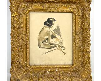 Lot 1938 Seated Female Nude Minimalist Watercolor Painting in Ornate Louis XIV Style Gilt Frame. Unsigned.