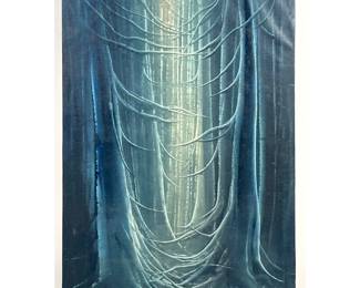 Lot 1640 Manoucher Niazi 1969 oil painting on canvas. Modernist stylized forest interior in monochromatic tea