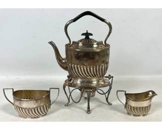Lot 1808 3pc Horton and Allday Silver Plated Tea Service with Tilting Kettle on Stand and Spirit Burner. Hard