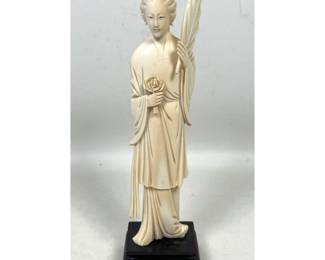 Lot 1816 Chinese Carved Figure of a Meiren Holding a Rose and Feather Fan on a Tiered Wood Base