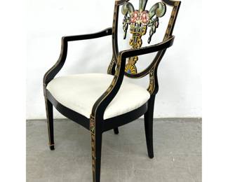 Lot 1512 Elegant Paint Decorated Edwardian style Chair. Ebonized and Gilt Painted Wood Frame Arm Chair. Shiel