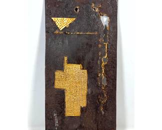 Lot 1451 Brutalist Mixed Metal Wall Relief Sculpture with Industrial Diamond Plate and Perforated Brass.