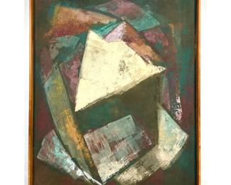 Lot 1688 MidCentury Modernist Abstract Oil Painting on Canvas. Titled Abstraction. Inscribed Mrs. John Grego