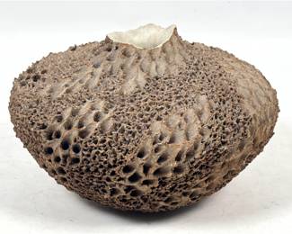 Lot 1672 Anne Goldman Organic Art Pottery Vase Vessel. Textured vessel in natural clay with opaque white glaz