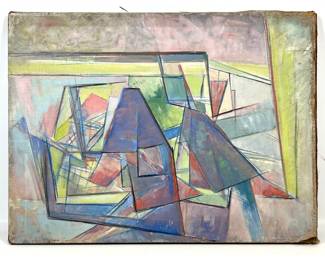 Lot 1549 Thomas Eldred Abstract Modern Painting on Canvas. Reverse shows a vintage Stencil Novelty Co. label