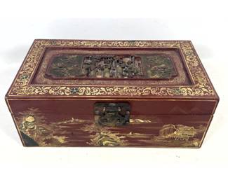 Lot 1559 Chinese red lacquer wood chest with high relief carved panel and gilt landscape Chinoiserie decorati