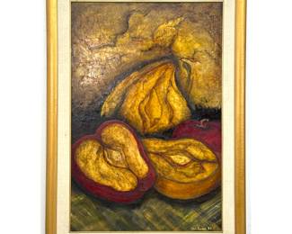 Lot 1693 Elisa Archer Still Life Painting on Canvas. Heavy Impasto Organic Fruit. Signed and Dated 94. Gilt W