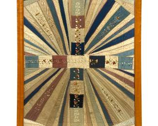 Lot 1950 Framed Victorian Silk and Velvet Sunburst Crazy Quilt Sampler.