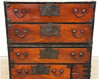 Lot 1758 Antique 2 Section Japanese Sendai Tansu Clothing Chest with Ornate Iron Hardware