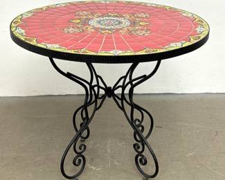 Lot 1432 Spanish Inspired Mosaic Tile Top Bistro Table with Wrought Iron Pedestal Base. Unsigned.