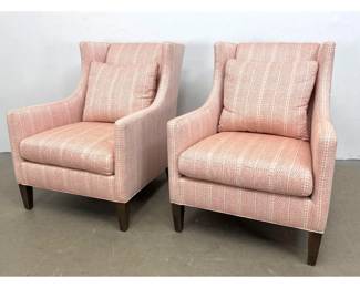 Lot 1464 Pr Lee Industries Wingback Lounge Chairs. Patterned Striped Upholstery. Dark Stained Wood Legs. Labe