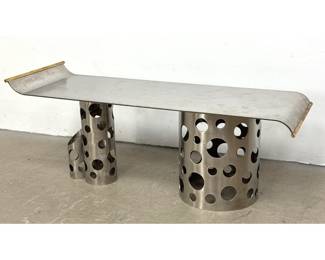 Lot 1605 WAAL FATHI Designer Brass and Steel Bench Table. Heavy Steel with Brass Trim. Perforated Base