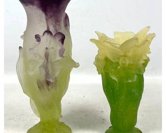 Lot 1908 2pc Lot DAUM France Pate de Verre Vases. Iris Green and Yellow Vase. Orchid Art Glass Vase with Purp