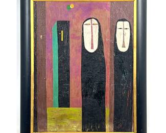 Lot 1612 Aaron Douglas Modernist Oil Painting on Board, Figures in Landscape. Signed Douglas and Inscribed Ve