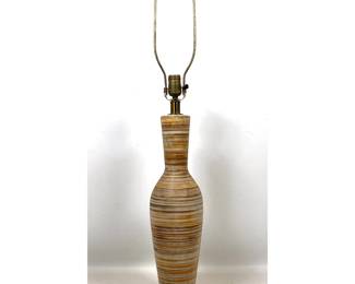 Lot 1595 Mid Century Modern Ceramic Table Lamp with Linear Hand Painted Glaze. Walnut Base. No marks found.