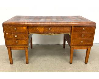 Lot 1416 Art Deco Burl Wood Veneer Pedestal Desk featuring 7 Drawers with Ornate Brass Mount and Patterned Le