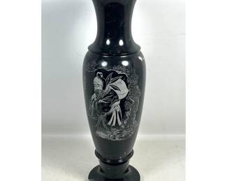 Lot 1813 Large Carved Polished Black Marble Floor Vase with Etched Figure of Shoulao and Calligraphy