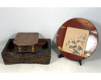 Lot 2042 Japanese Mixed Media Scholar Items Including Makie Lacquer Wall Plaque With Ink Painting and WabiS