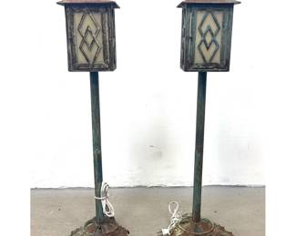 Lot 2008 Pr Arts and Crafts Style Cast Iron Standing Garden Lanterns With Geometric Diamond Overlay