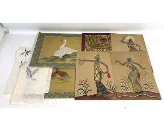 Lot 1861 8pc lot of Asian and South Asian works on paper and fabric. 3 gouache on cardstock paintings depict