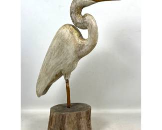 Lot 1757 Hand Carved Wood Folk Art Sculpture of an Egret on Natural Wood Plinth. Artist initialed.