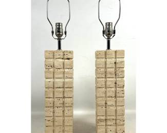Lot 1404 Pr Carved Travertine Table Lamps. Square Column Form with Incised Grid Block Pattern. Architectural.