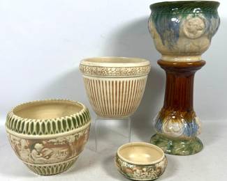Lot 1990 Group of Art Pottery including Majolica Jardiniere and Pedestal Set with Relief Molded Earthenware B