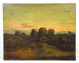 Lot 1923 E. M. Bannister oil on canvas painting depicting a Tonalist landscape with figures and cattle. Signe