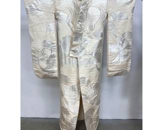 Lot 1712 Vintage Japanese Off White Silk Brocade Wedding Kimono Uchikake with Silver Metallic Cranes and Pine