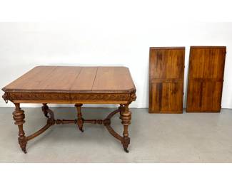 Lot 1430 Antique Renaissance Revival Jacobean Style Hand Carved Oak Extension Dining Table with 2 Leaves