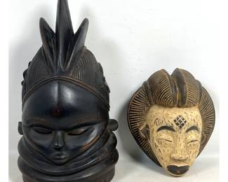 Lot 1978 Two Hand Carved Wood West African Masks Mende Sowei Helmet and Punu Okuyi Face Mask
