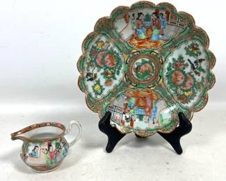 Lot 1834 2pc Lot Chinese Export Rose Medallion Porcelain Scalloped Bowl and Small Pitcher. Hand Painted Ename