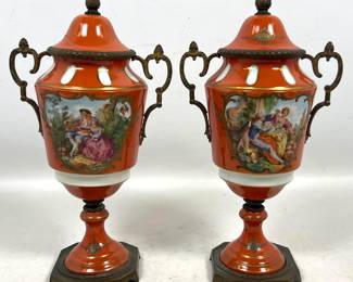 Lot 1884 Pair of Hand Painted French Porcelain Lidded Urns Signed Paul with Metal Mounts