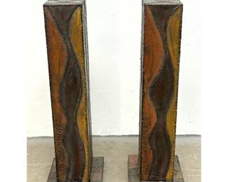 Lot 1633 Pair Decorative welded Steel Pedestal Stand. After Paul Evans. Marked with spurious signature.