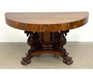 Lot 1562 Antique American Quarter Sawn Oak Demilune Console Table Winged Griffin Base Paw Feet. Lion base att