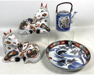 Lot 1820 4pc Group of Japanese Imari Porcelain including Pair of Horse Koro and Arita Plate