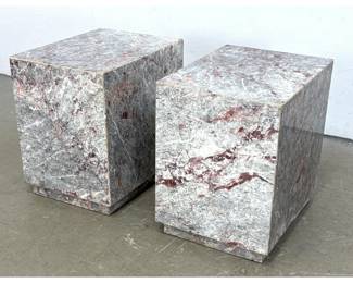 Lot 1635 Pair of Postmodern Mitered Brecciated Marble Pedestal End Table Pedestals with Claret Red Veining.