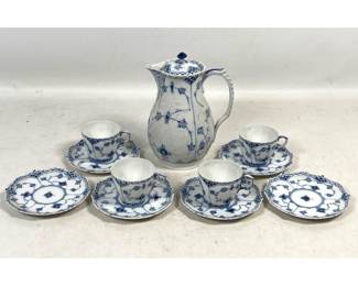 Lot 1905 Royal Copenhagen Blue Fluted Full Lace Porcelain Coffee Set Including Lidded Pot Cups and Saucers