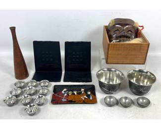 Lot 2037 Japanese Antique and Vintage Lot Featuring Suzumitsu Pewter Sake Service Noh Okina Iron Mask in Tomo