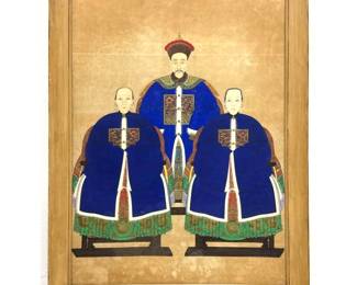 Lot 1812 Large 19th Century Chinese Ancestor Portrait Depicting Civil Official and Two Wives in Formal Court