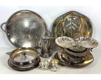 Lot 2031 Large Collection Vintage Silver Plate. Includes Serving and Meat Trays. Glass Bowl with SP Rim. Dou