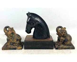 Lot 1952 Art Deco Stylized Horse Head Sculpture and Pair of Cast Metal Seated Elephant Bookends with Verdigri