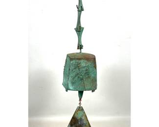 Lot 1600 Large Paolo Soleri Bronze Wind Bell with Decorative Chain and Hammered Sail. Marked for Cosanti.