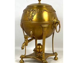 Lot 1800 Neoclassical Style Gilt Hot Water Urn. Hallmarked. Stand Base has Lion Paw Feet and Spirit Burner. s