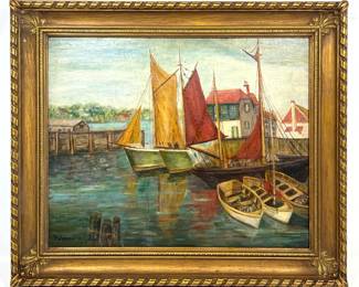 Lot 1933 PALMER HAYDEN maritime harbor oil painting. Sail Boats and Skiffs. Canvas Board. Signed lower left.